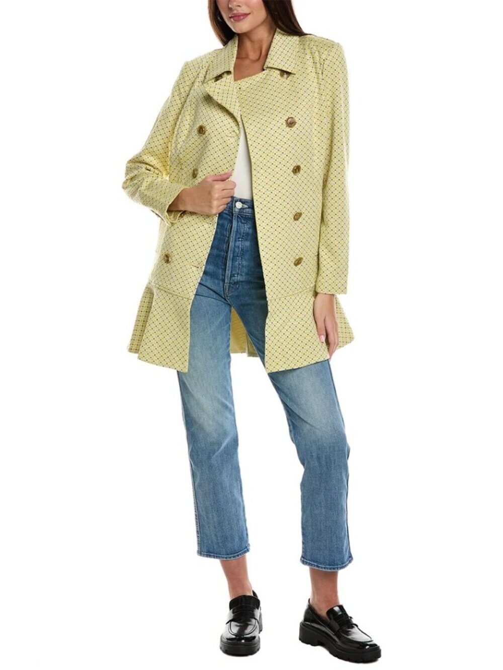 Cabi Hobnob double breasted jacket coat knit yellow topper ruffle duster new XL